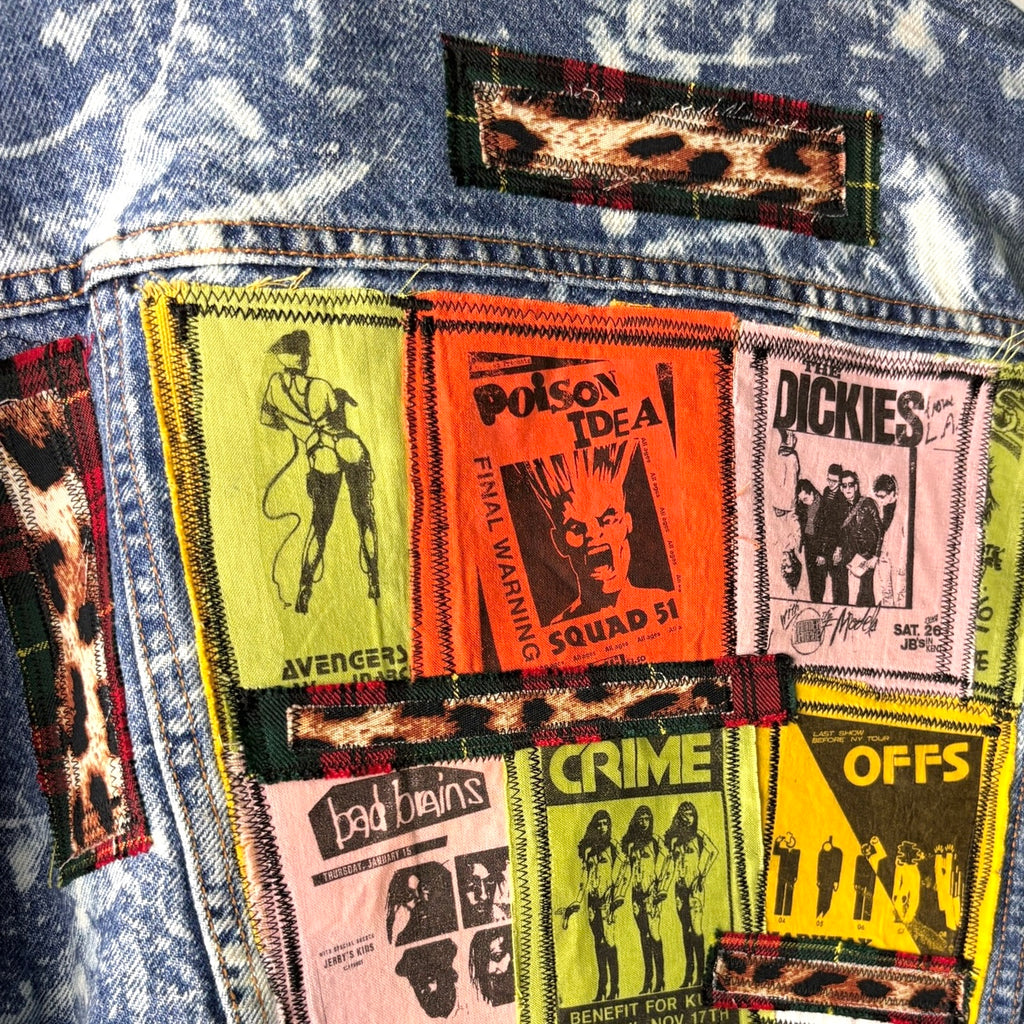 WALL OF NOISE - Custom Punk Rock Patch Denim Jacket - Acid Wash Jean Jacket