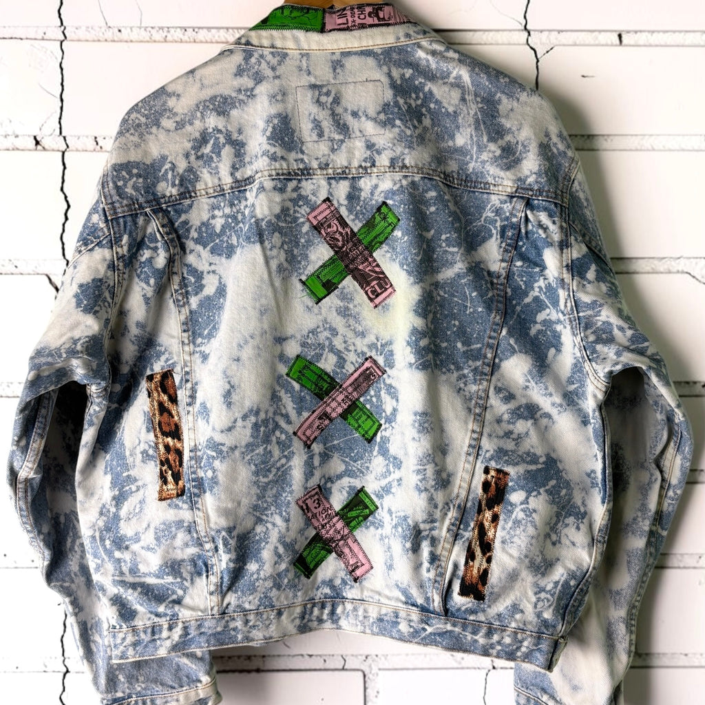 LEOPARD RIOT - Custom Patchwork Bleached Denim Jacket