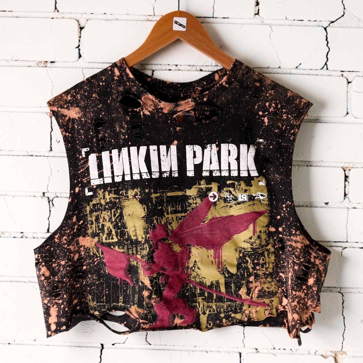 Linkin Park Cropped Band Tee | Hand Bleached Distressed T-shirt Size Medium