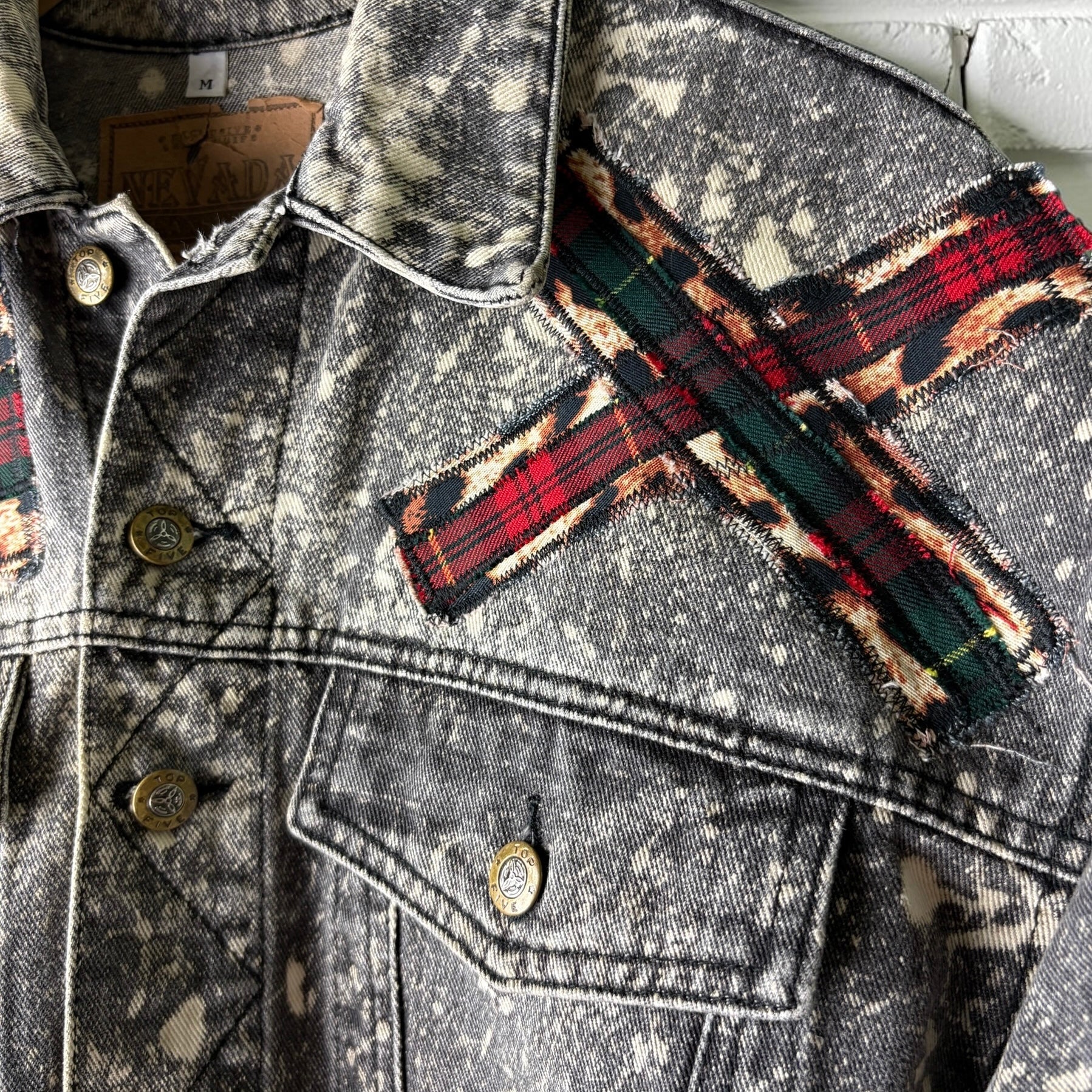 KILTSWITCH - Custom Patchwork Bleached Denim Jacket Punk Rock Jacket Leopard Tartan Alternative Tumblr Grunge