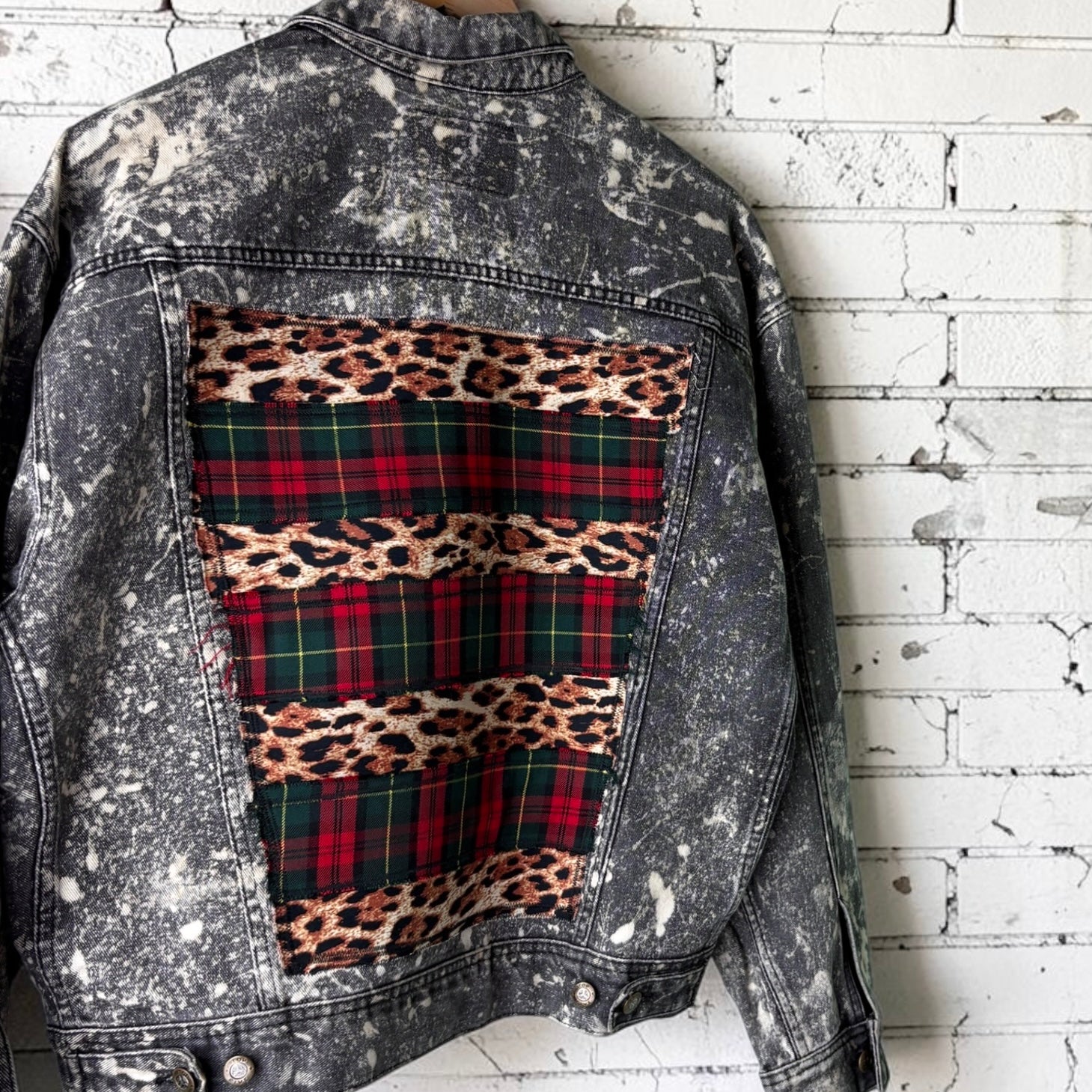 KILTSWITCH - Custom Patchwork Bleached Denim Jacket Punk Rock Jacket Leopard Tartan Alternative Tumblr Grunge
