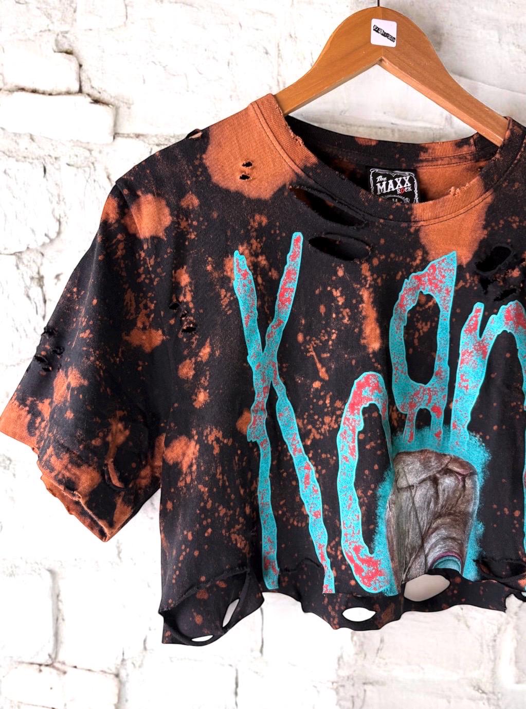 Korn Bleached Cropped Distressed Band T-Shirt