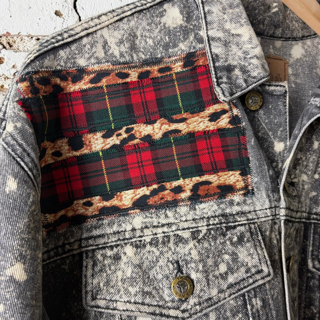 KILTSWITCH - Custom Patchwork Bleached Denim Jacket Punk Rock Jacket Leopard Tartan Alternative Tumblr Grunge