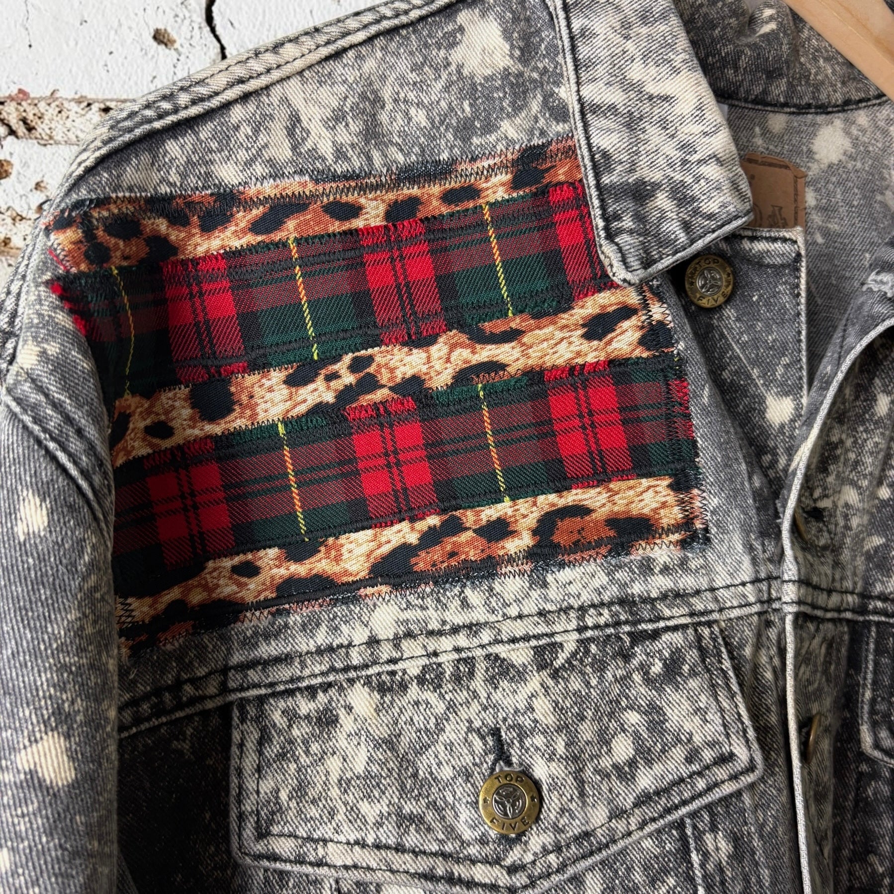 KILTSWITCH - Custom Patchwork Bleached Denim Jacket Punk Rock Jacket Leopard Tartan Alternative Tumblr Grunge