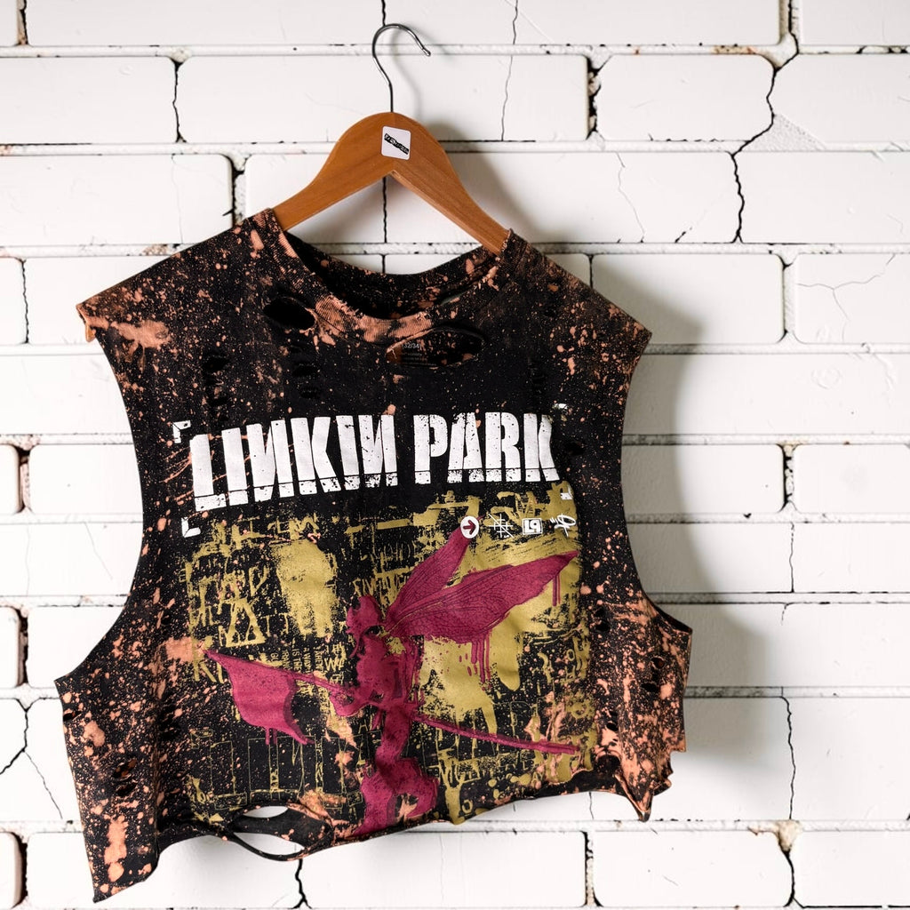 Linkin Park Cropped Band Tee | Hand Bleached Distressed T-shirt Size Medium