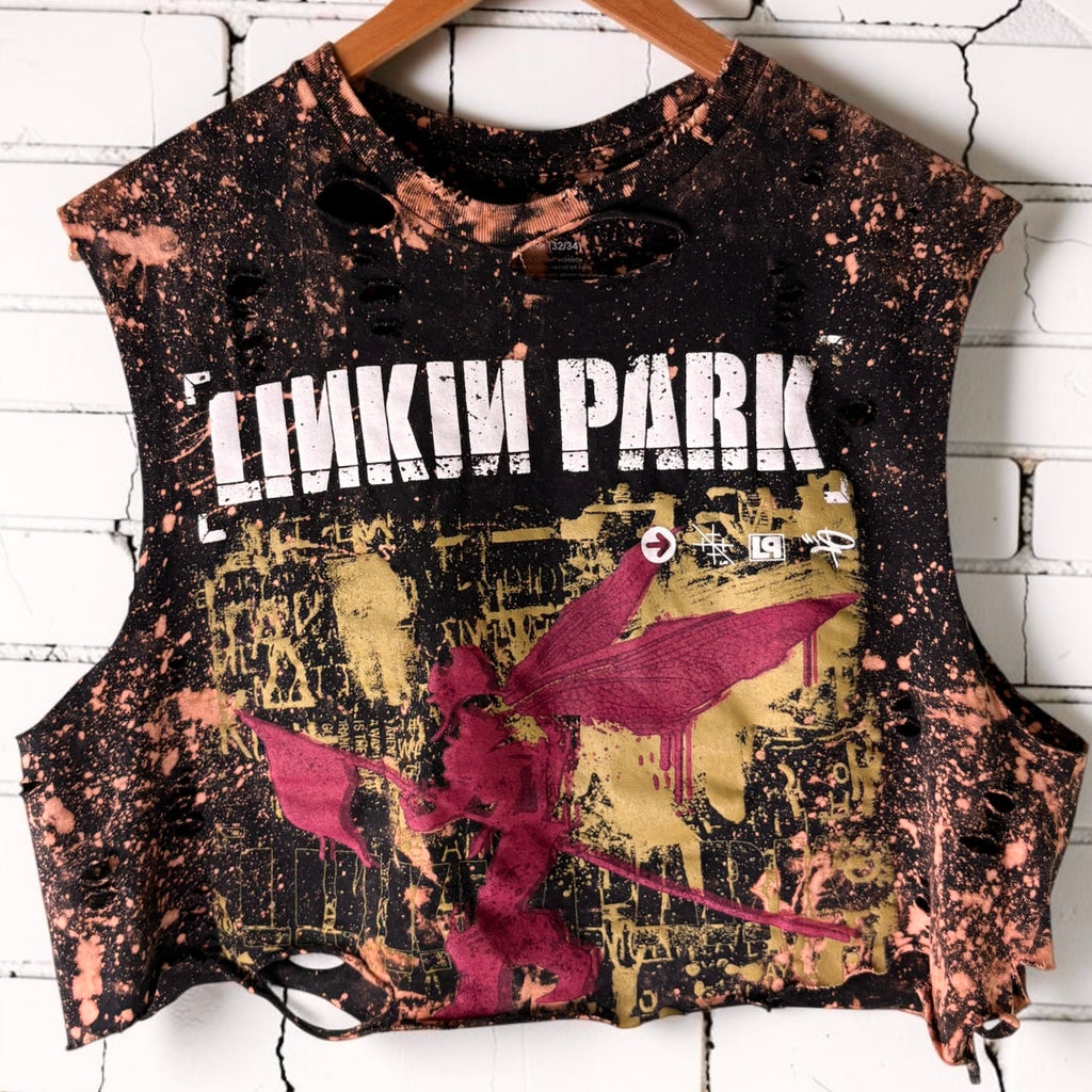 Linkin Park Cropped Band Tee | Hand Bleached Distressed T-shirt Size Medium