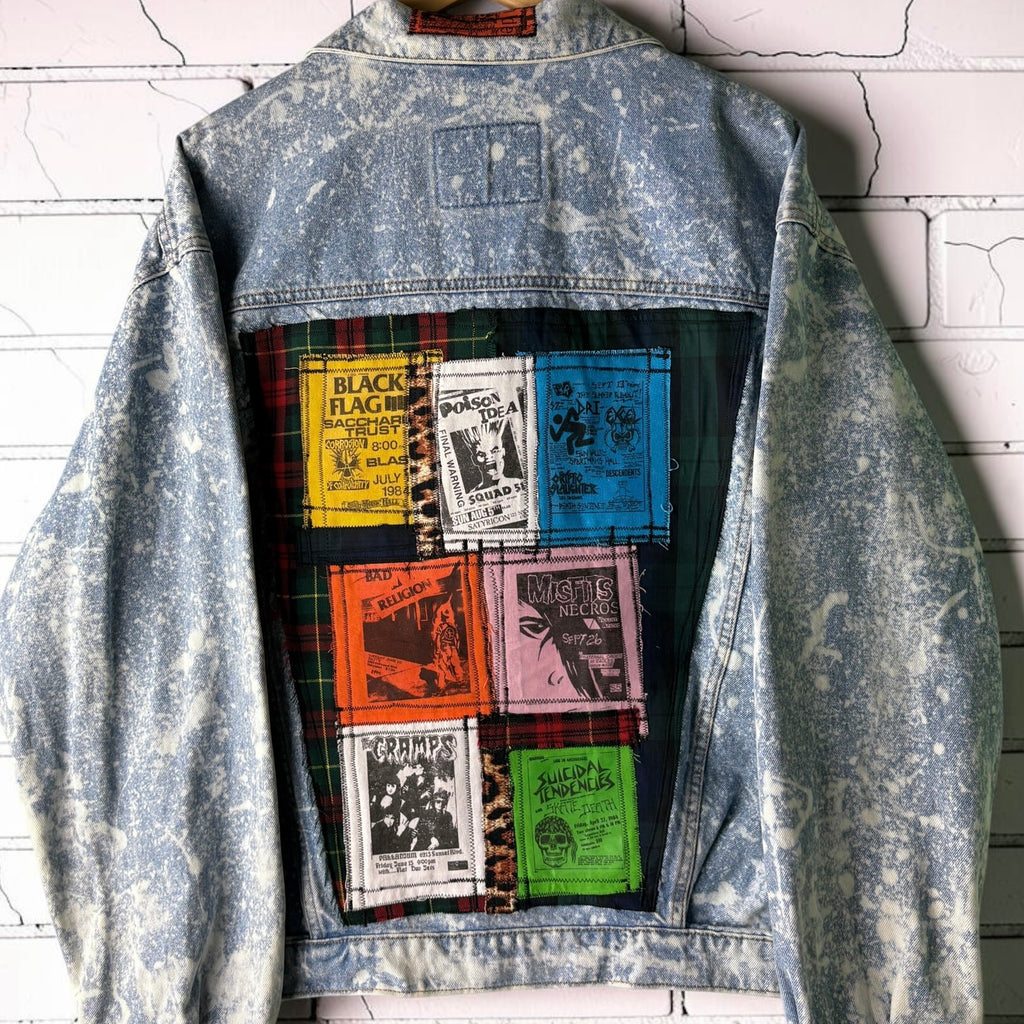 NOISE POLLUTION - Custom Patchwork Bleached Denim Jacket Punk Rock Jacket Alternative Tumblr Grunge