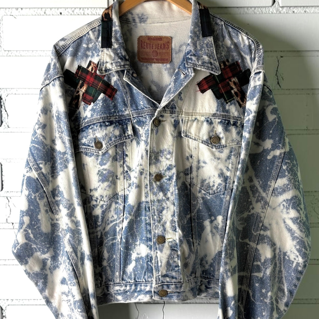 TARTAN TERROR - Custom Patchwork Bleached Denim Jacket Punk Rock Jacket Alternative Tumblr Grunge