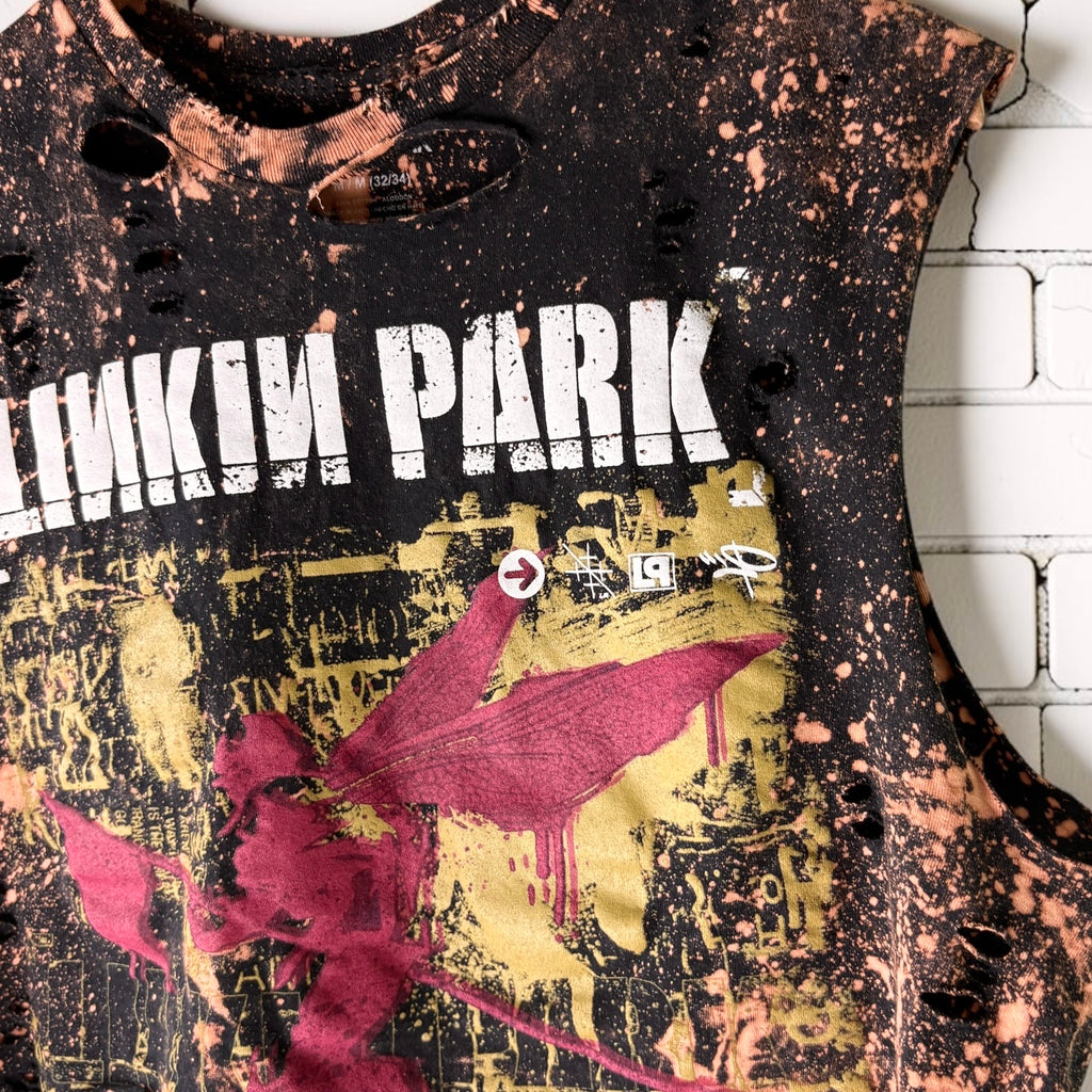 Linkin Park Cropped Band Tee | Hand Bleached Distressed T-shirt Size Medium