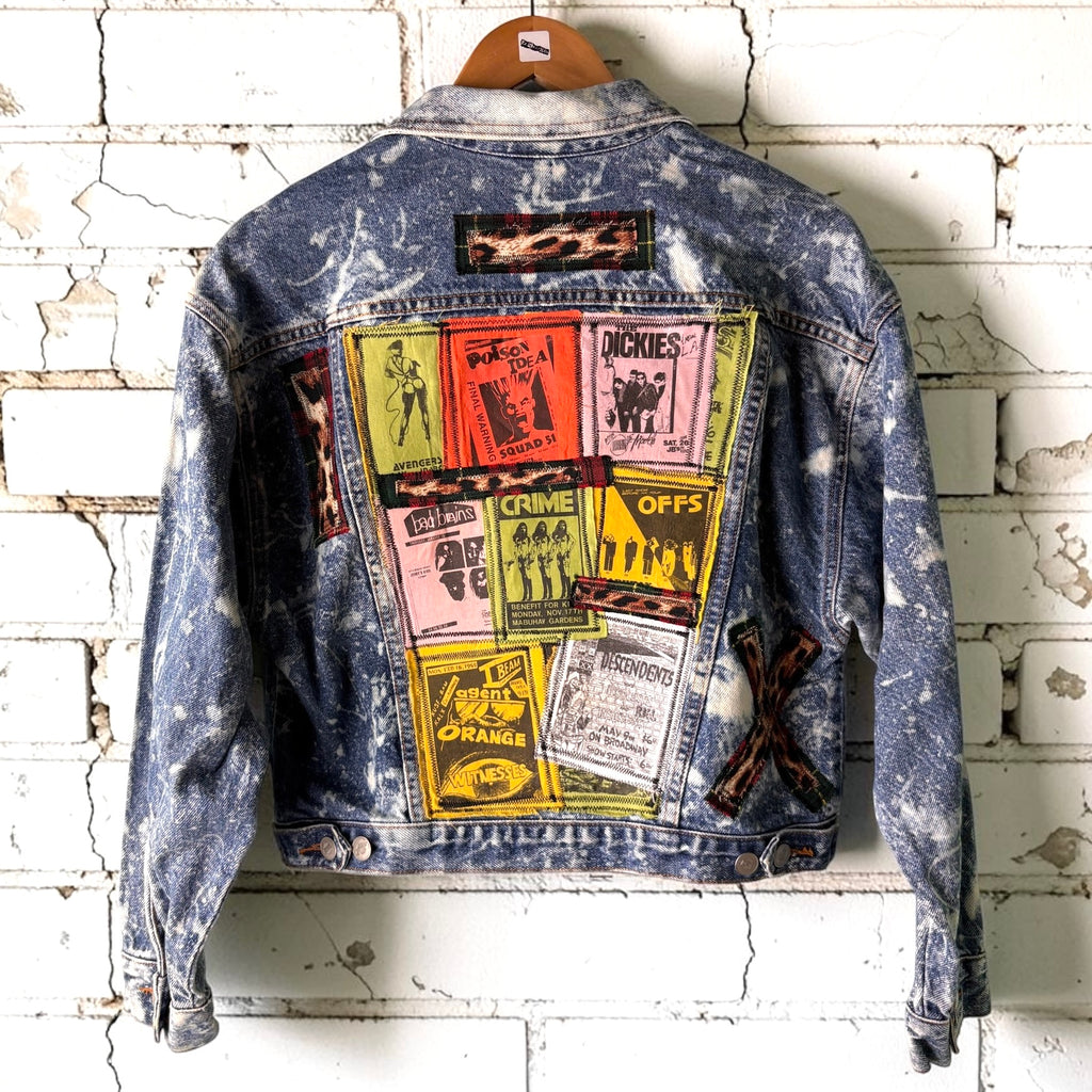 WALL OF NOISE - Custom Punk Rock Patch Denim Jacket - Acid Wash Jean Jacket