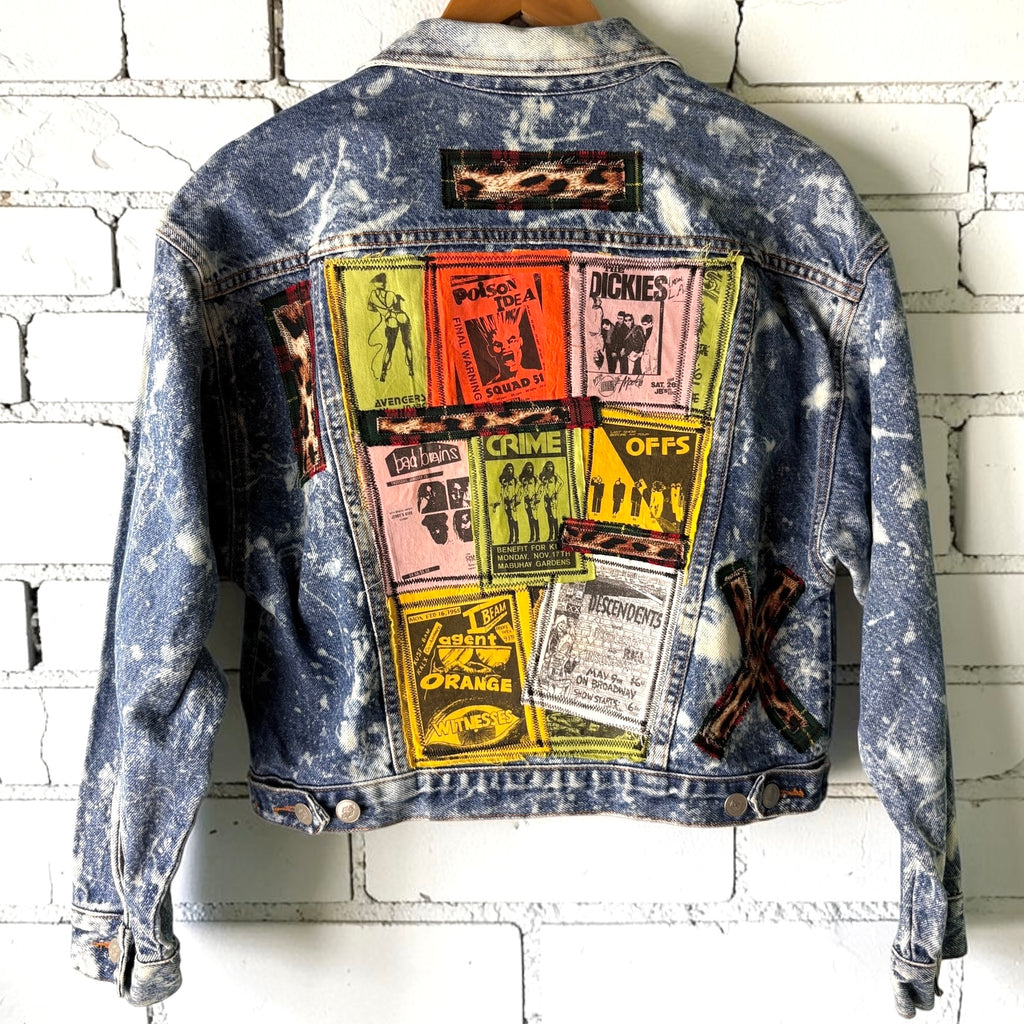 WALL OF NOISE - Custom Punk Rock Patch Denim Jacket - Acid Wash Jean Jacket