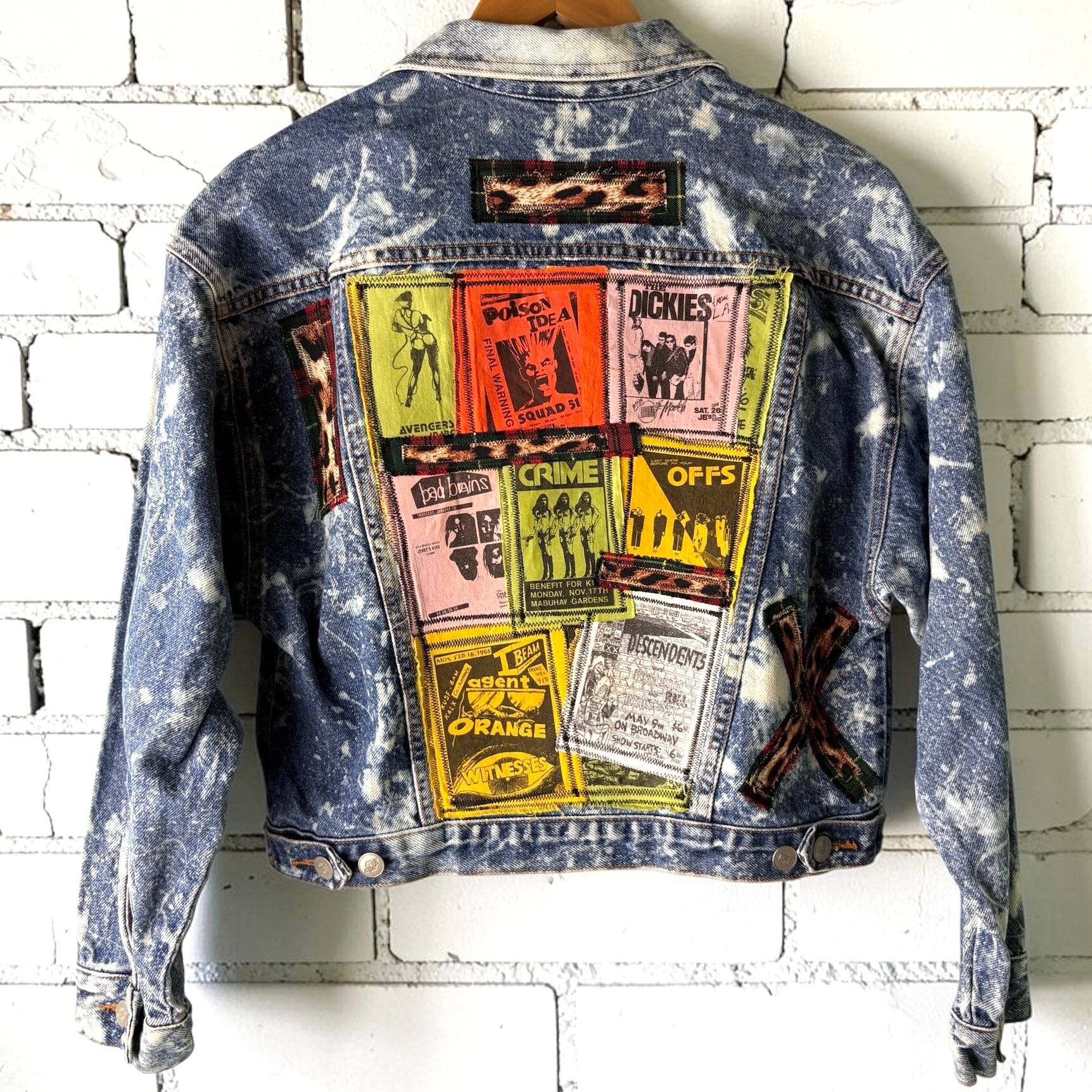 WALL OF NOISE - Custom Punk Rock Patch Denim Jacket - Acid Wash Jean Jacket