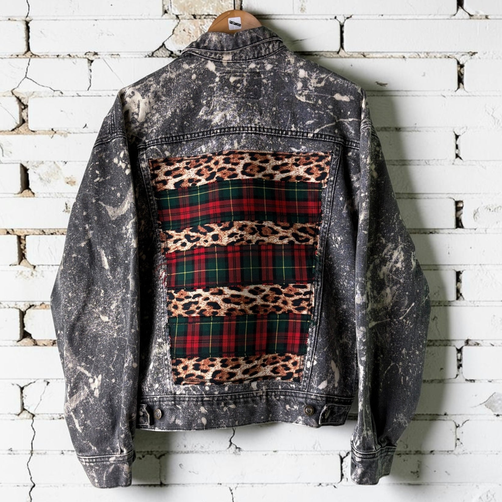 KILTSWITCH - Custom Patchwork Bleached Denim Jacket Punk Rock Jacket Leopard Tartan Alternative Tumblr Grunge