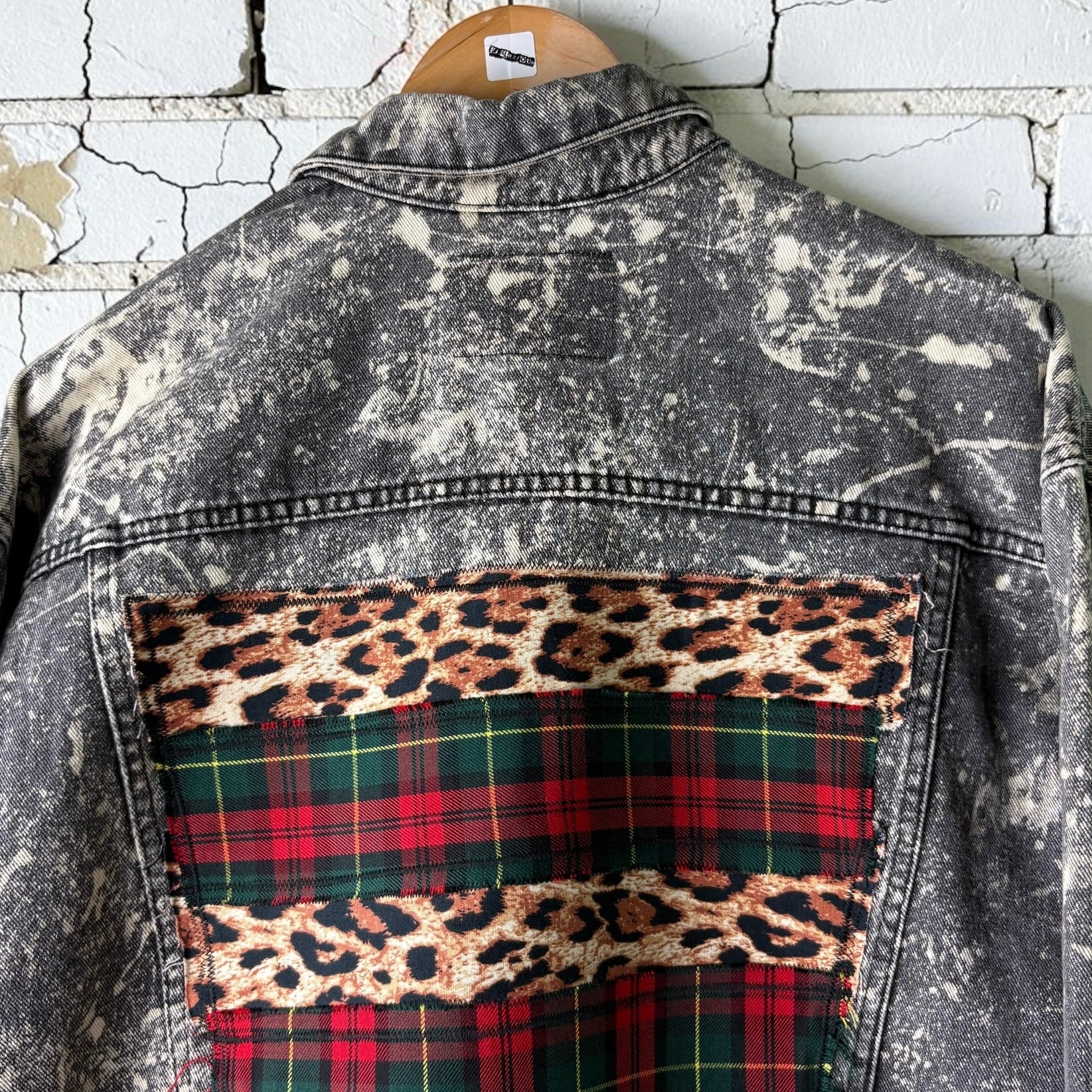 KILTSWITCH - Custom Patchwork Bleached Denim Jacket Punk Rock Jacket Leopard Tartan Alternative Tumblr Grunge