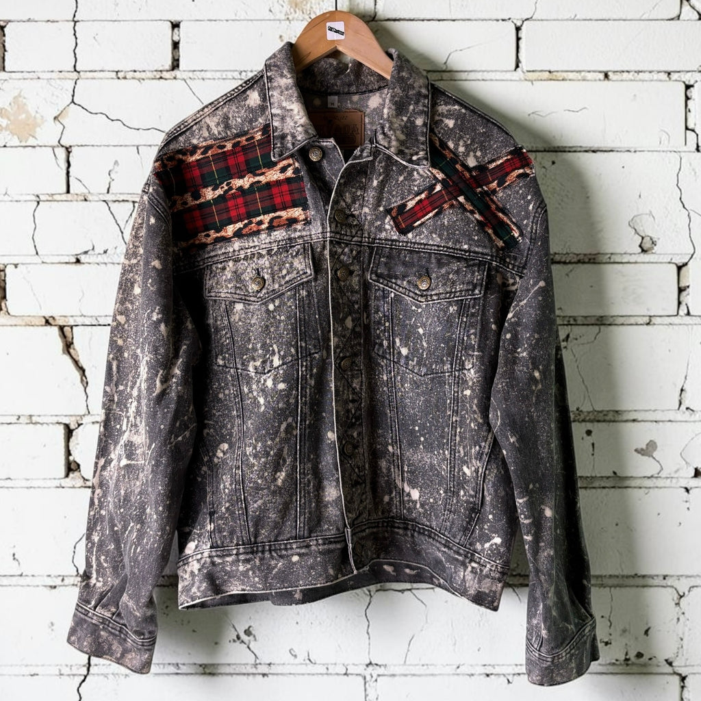 KILTSWITCH - Custom Patchwork Bleached Denim Jacket Punk Rock Jacket Leopard Tartan Alternative Tumblr Grunge