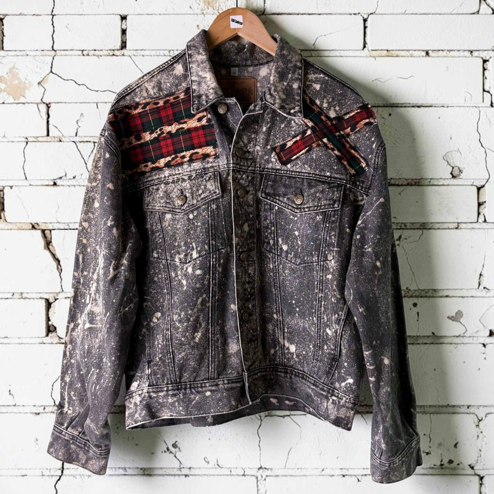 KILTSWITCH - Custom Patchwork Bleached Denim Jacket Punk Rock Jacket Leopard Tartan Alternative Tumblr Grunge