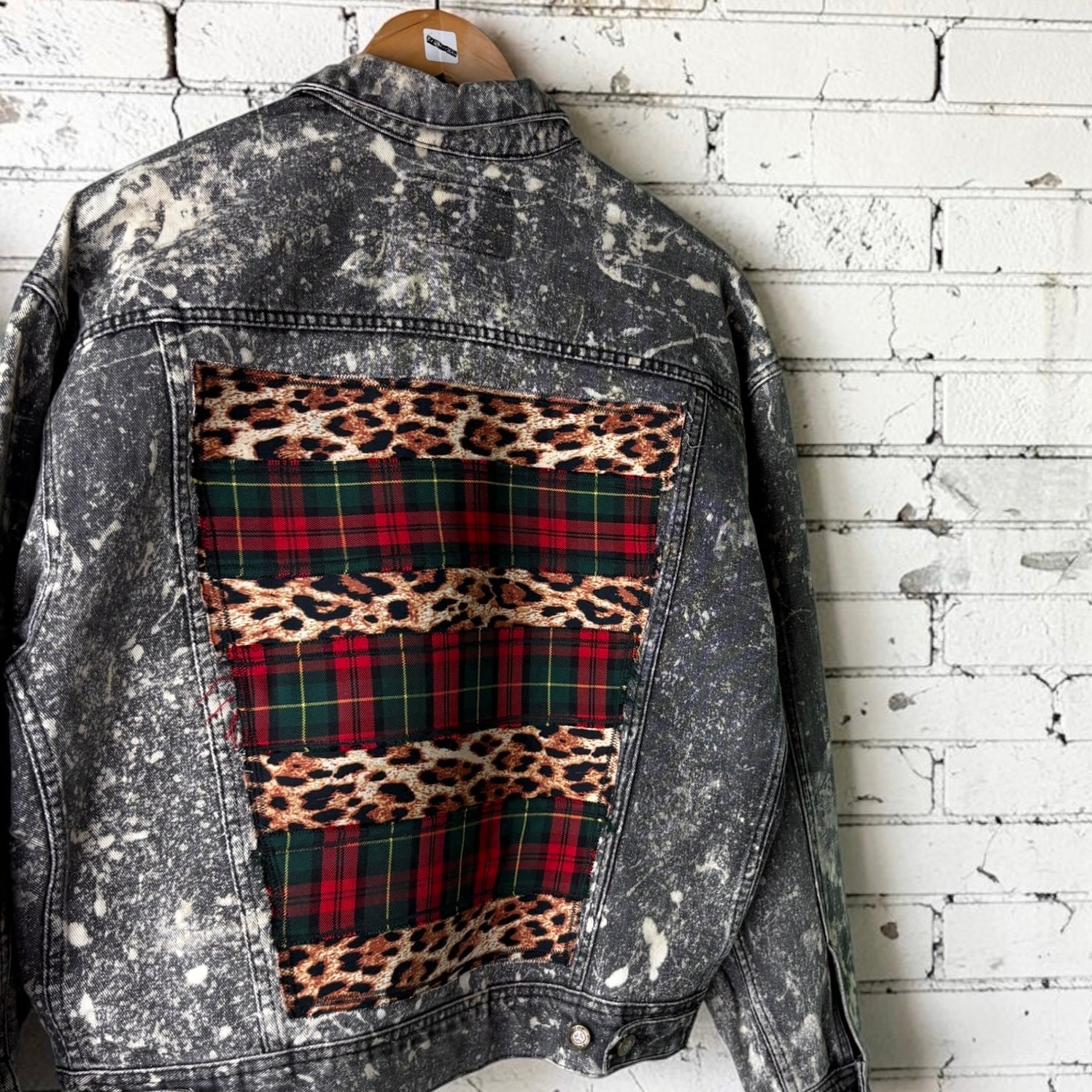 KILTSWITCH - Custom Patchwork Bleached Denim Jacket Punk Rock Jacket Leopard Tartan Alternative Tumblr Grunge