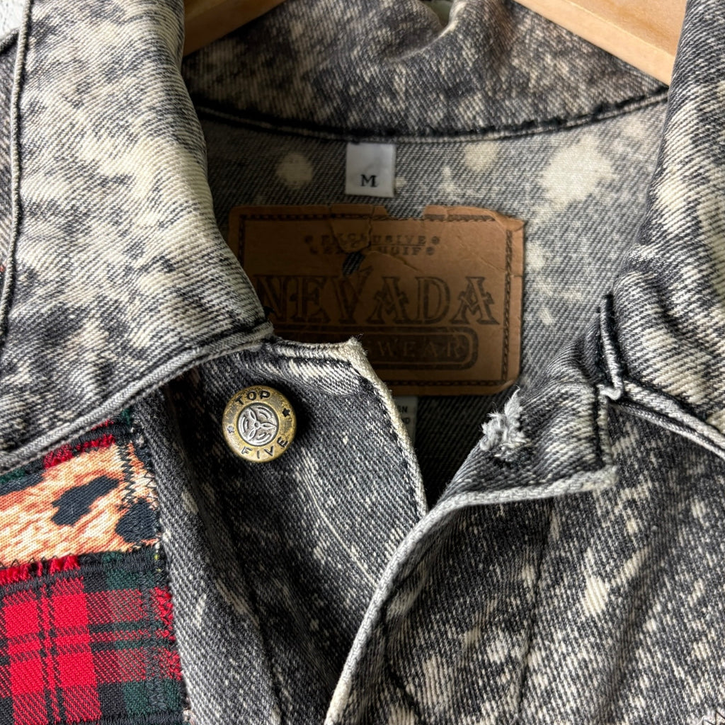 KILTSWITCH - Custom Patchwork Bleached Denim Jacket Punk Rock Jacket Leopard Tartan Alternative Tumblr Grunge