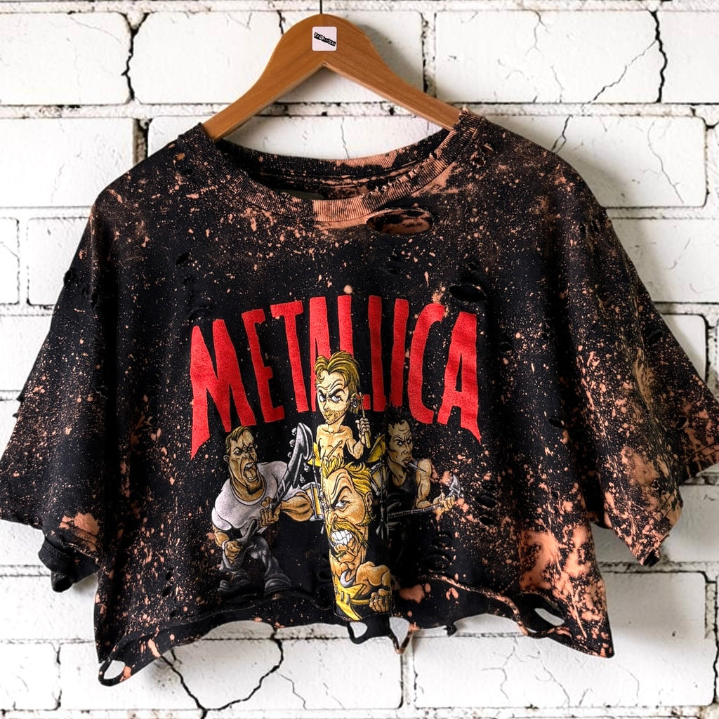 Custom Metallica Cropped Band Tee | Hand-Bleached Vintage Style XL