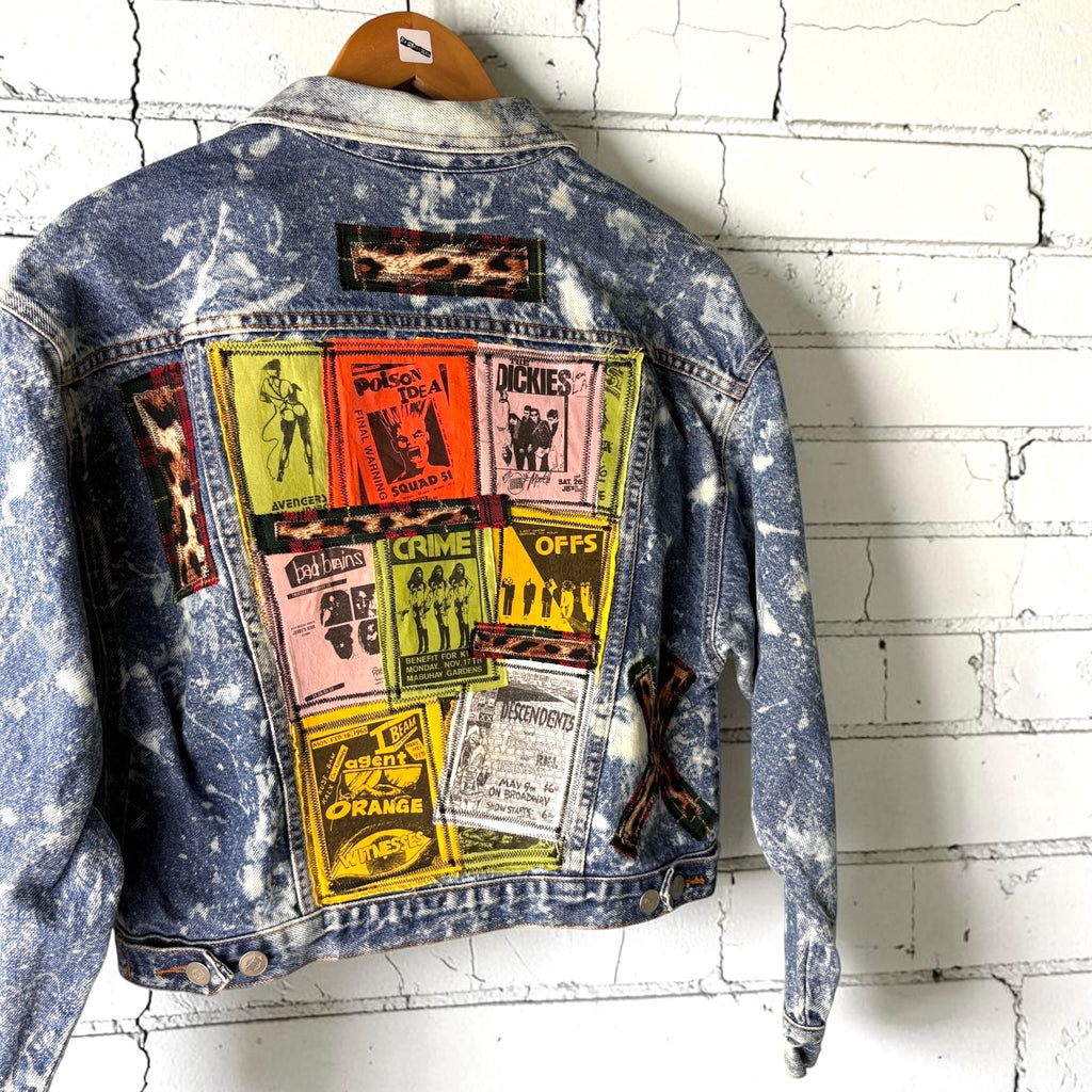 WALL OF NOISE - Custom Punk Rock Patch Denim Jacket - Acid Wash Jean Jacket