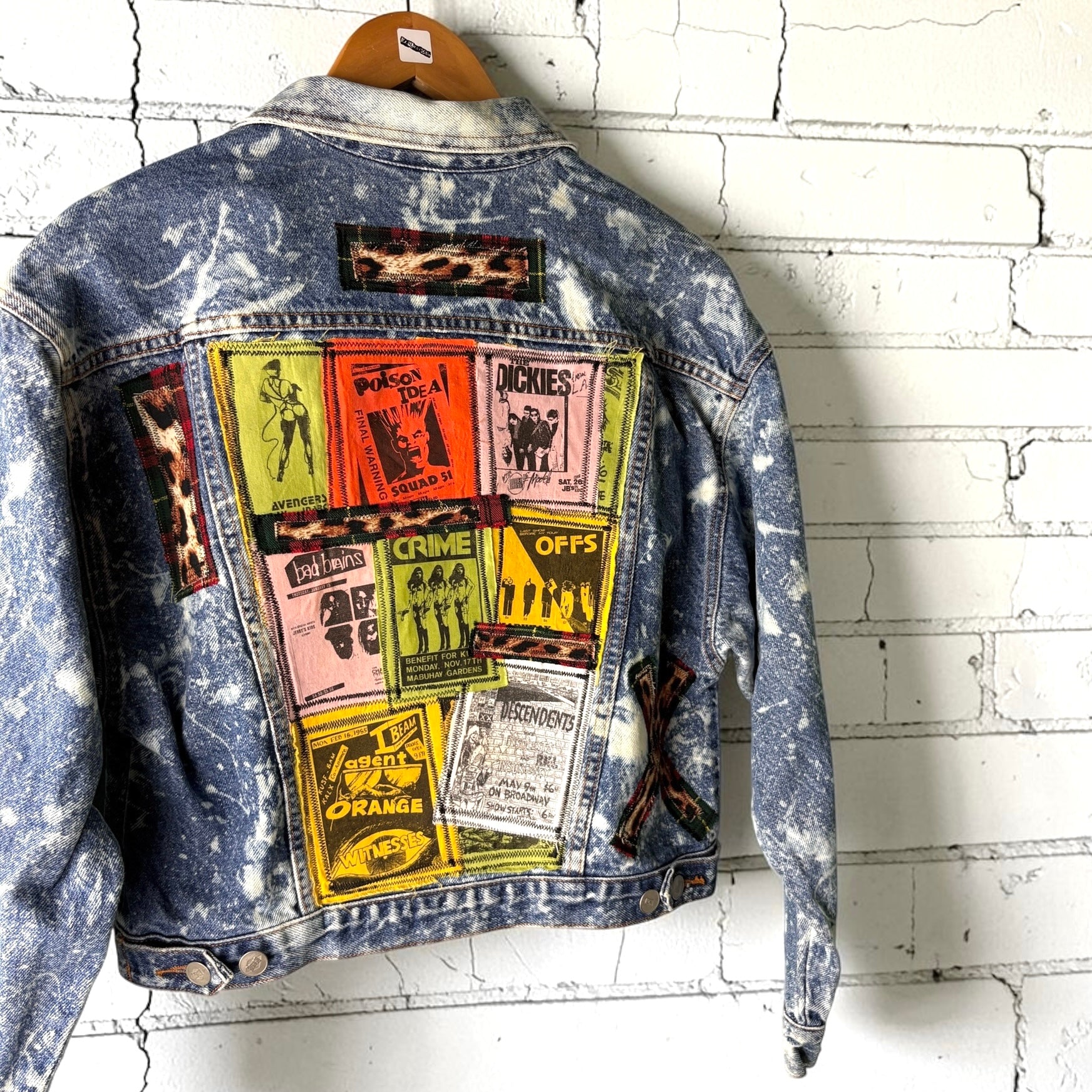 WALL OF NOISE - Custom Punk Rock Patch Denim Jacket - Acid Wash Jean Jacket