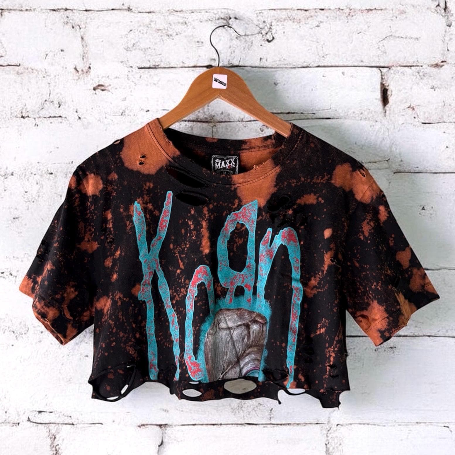 Korn Bleached Cropped Distressed Band T-Shirt