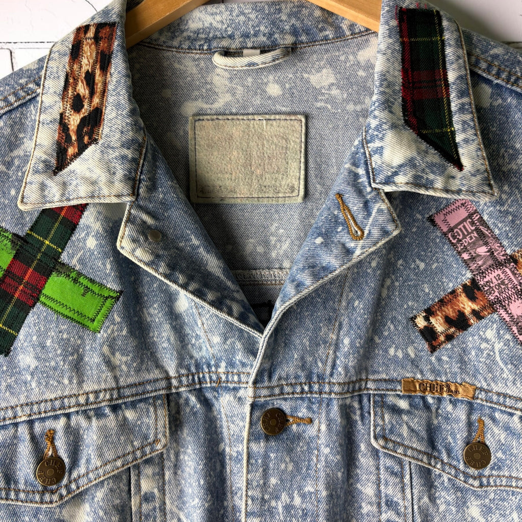 NOISE POLLUTION - Custom Patchwork Bleached Denim Jacket Punk Rock Jacket Alternative Tumblr Grunge