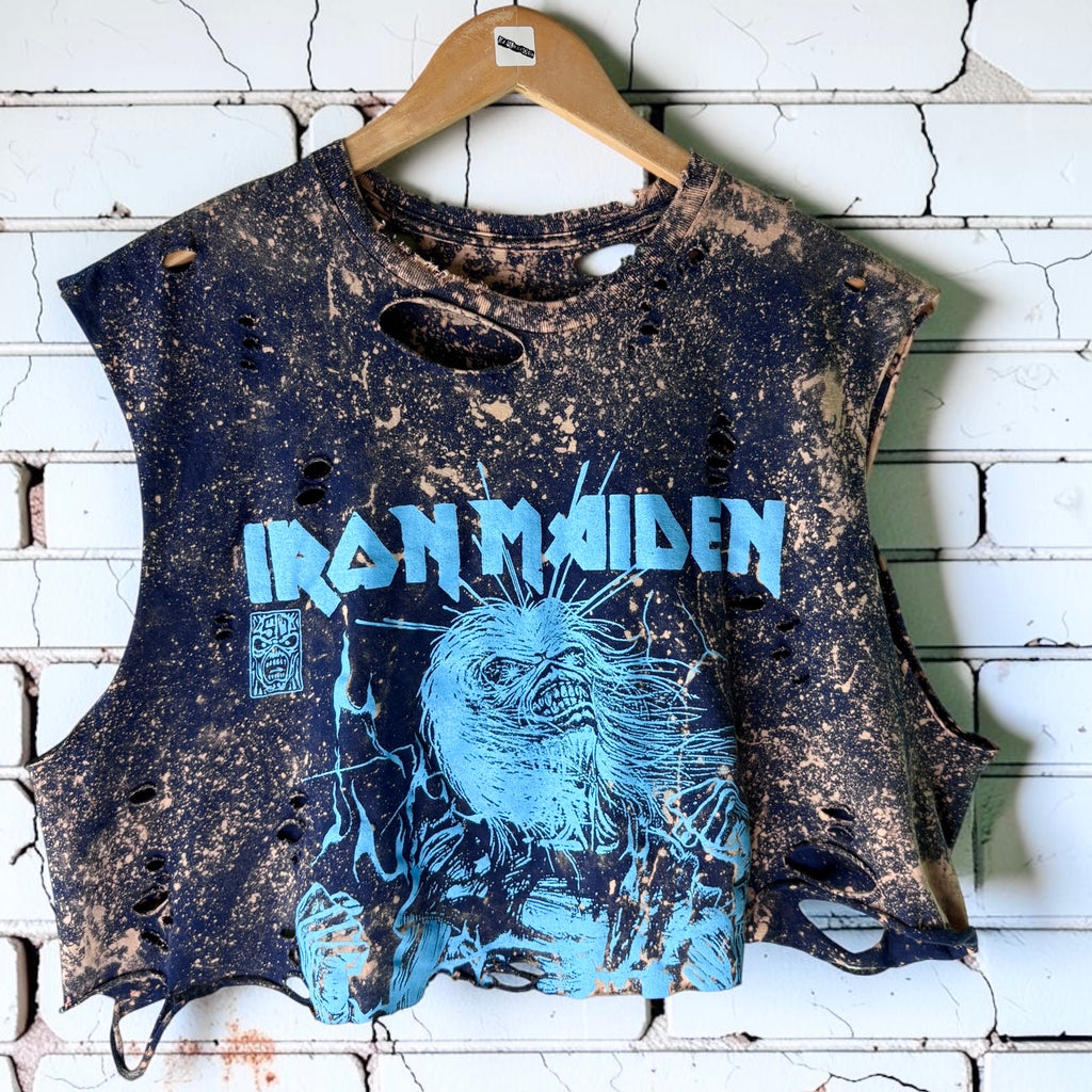 Custom Iron Maiden Cropped Band Tee | Hand Bleached Distressed T-shirt