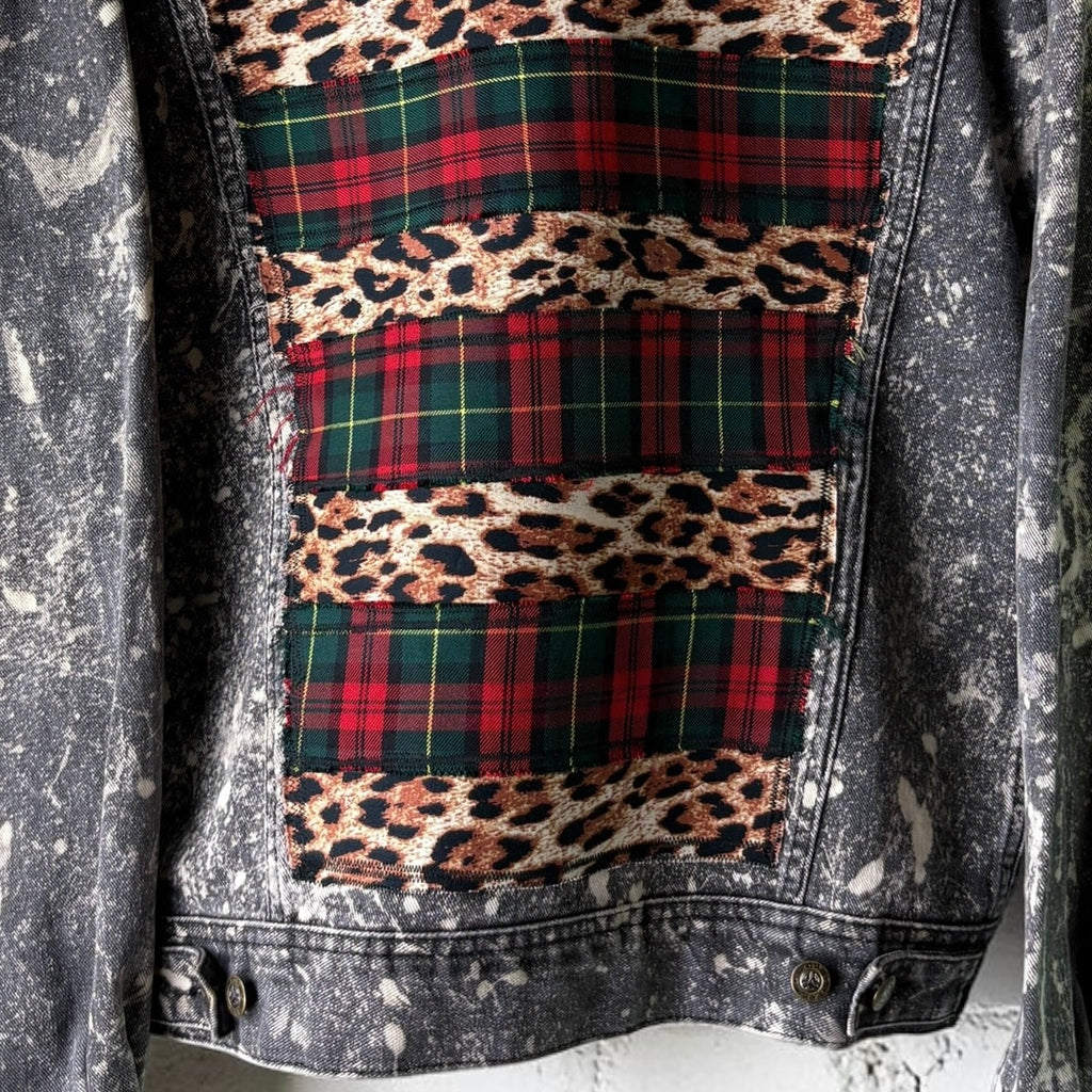 KILTSWITCH - Custom Patchwork Bleached Denim Jacket Punk Rock Jacket Leopard Tartan Alternative Tumblr Grunge