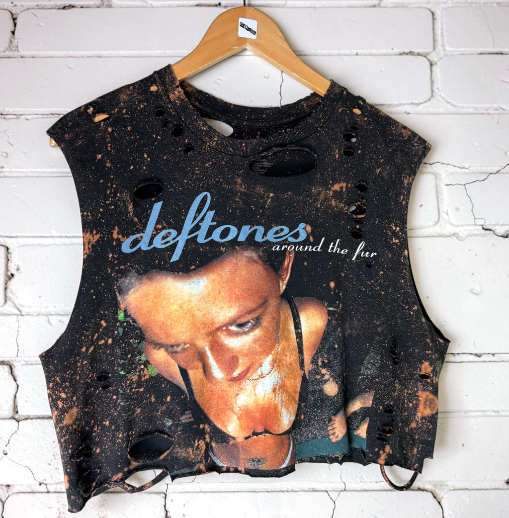 Deftones - Around The Fur Bleached Distressed cropped sleeveless Band Tee