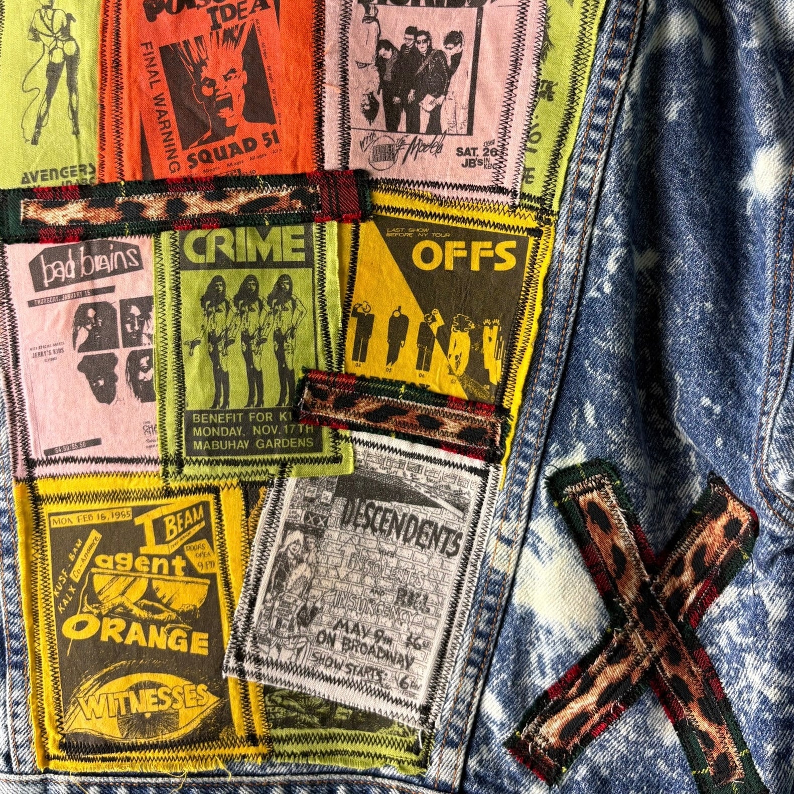 WALL OF NOISE - Custom Punk Rock Patch Denim Jacket - Acid Wash Jean Jacket