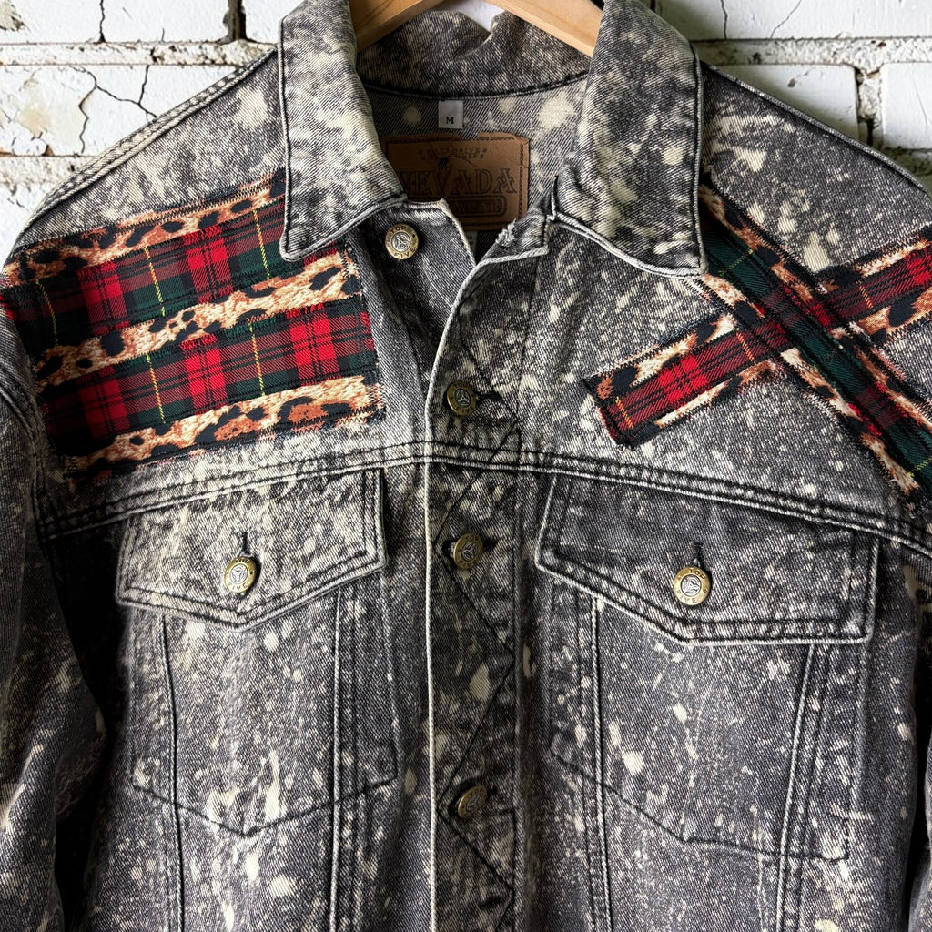 KILTSWITCH - Custom Patchwork Bleached Denim Jacket Punk Rock Jacket Leopard Tartan Alternative Tumblr Grunge