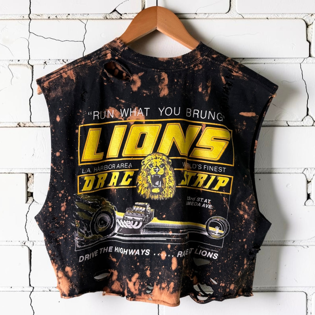 Lions Drag Strip cut off Bleached Distressed Graphic T-shirt
