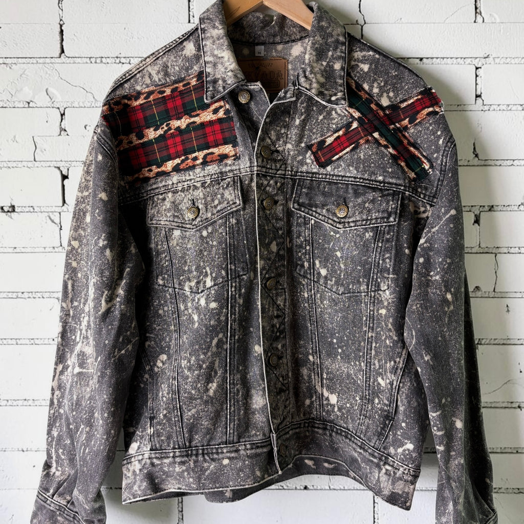 KILTSWITCH - Custom Patchwork Bleached Denim Jacket Punk Rock Jacket Leopard Tartan Alternative Tumblr Grunge