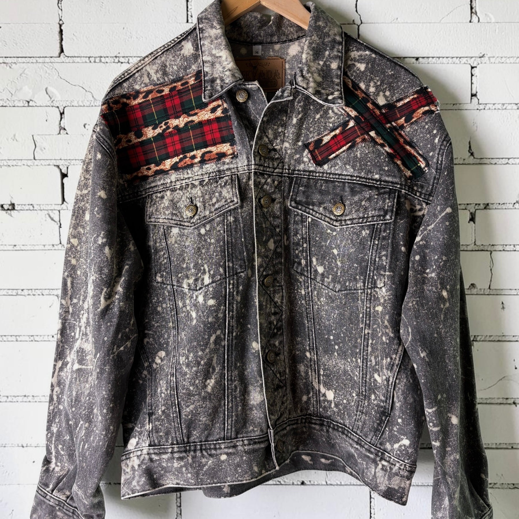 KILTSWITCH - Custom Patchwork Bleached Denim Jacket Punk Rock Jacket Leopard Tartan Alternative Tumblr Grunge