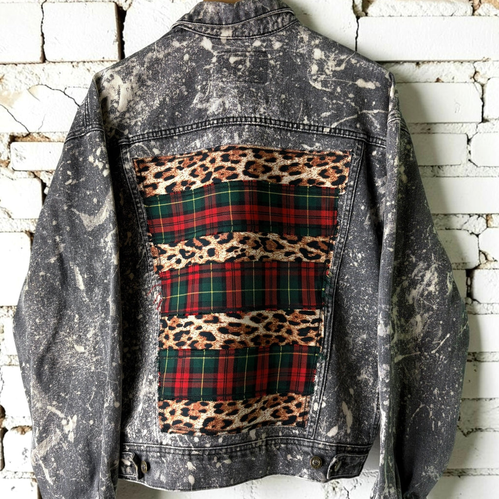 KILTSWITCH - Custom Patchwork Bleached Denim Jacket Punk Rock Jacket Leopard Tartan Alternative Tumblr Grunge