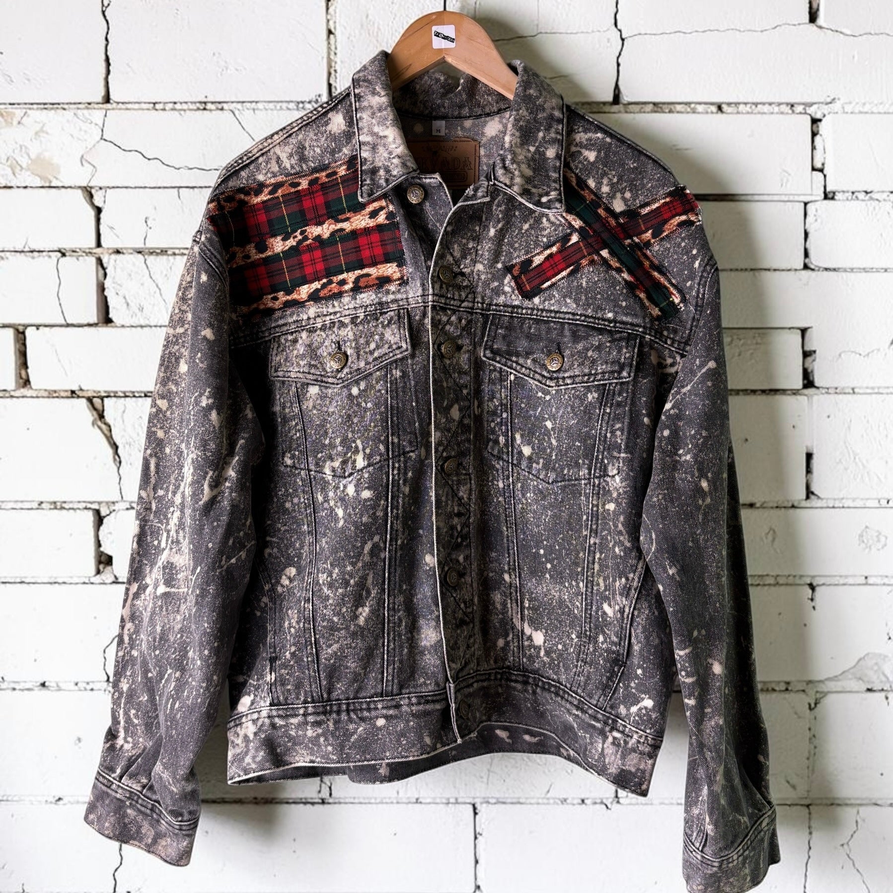 KILTSWITCH - Custom Patchwork Bleached Denim Jacket Punk Rock Jacket Leopard Tartan Alternative Tumblr Grunge