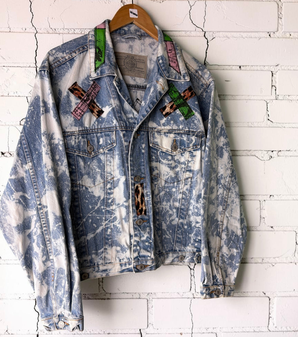 LEOPARD RIOT - Custom Patchwork Bleached Denim Jacket