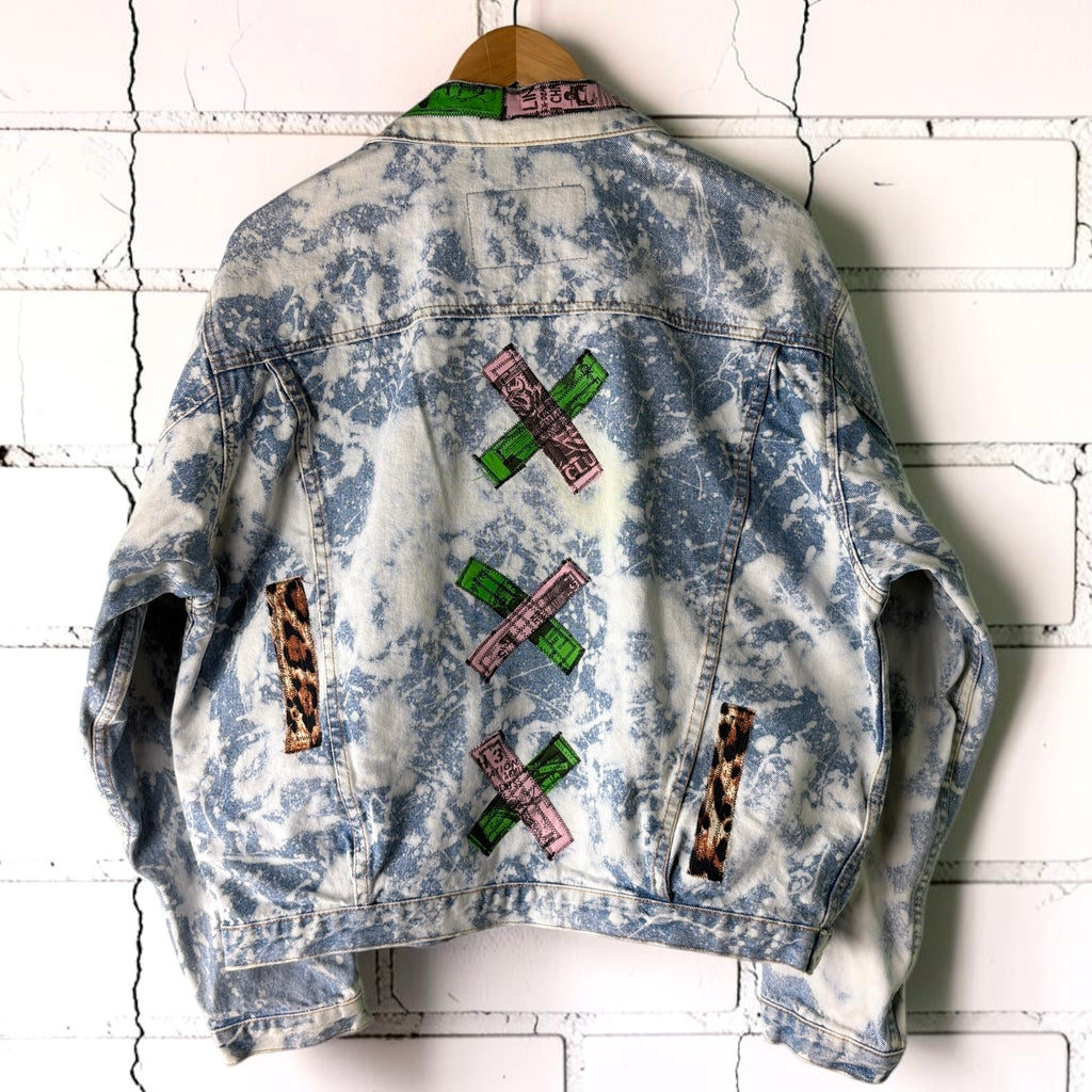 LEOPARD RIOT - Custom Patchwork Bleached Denim Jacket