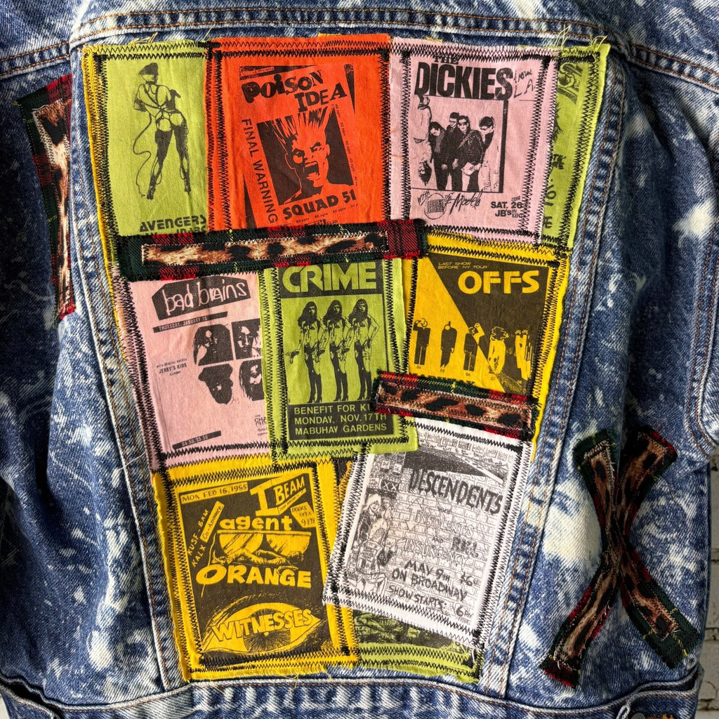WALL OF NOISE - Custom Punk Rock Patch Denim Jacket - Acid Wash Jean Jacket