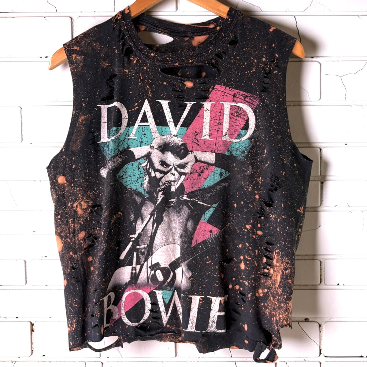 David Bowie Reworked Distressed Tank - Bleach Splatter Black