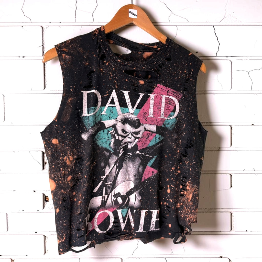 David Bowie Reworked Distressed Tank - Bleach Splatter Black