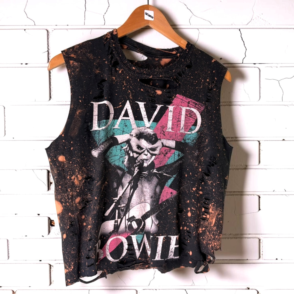 David Bowie Reworked Distressed Tank - Bleach Splatter Black