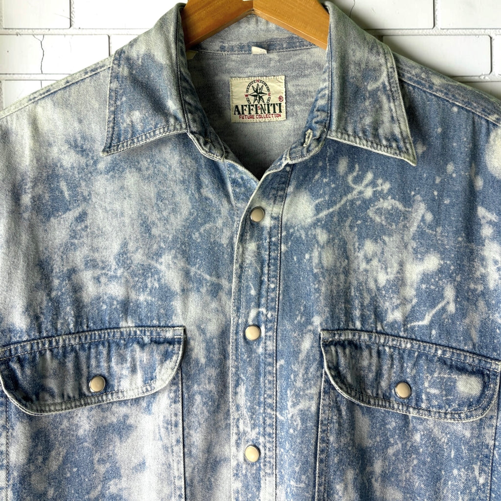 Vintage 80s Affiniti Bleached Acid Wash Denim Shirt - Size S