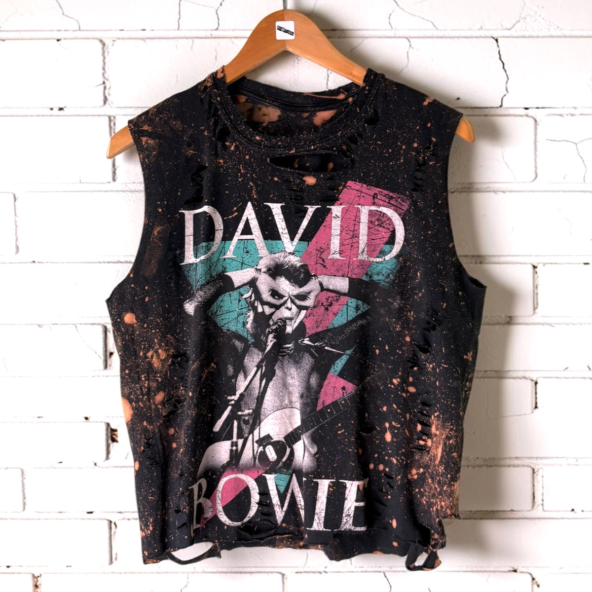David Bowie Reworked Distressed Tank - Bleach Splatter Black