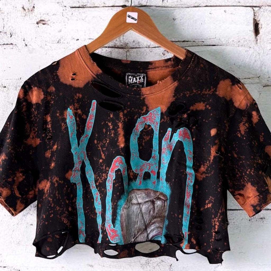 Korn Bleached Cropped Distressed Band T-Shirt