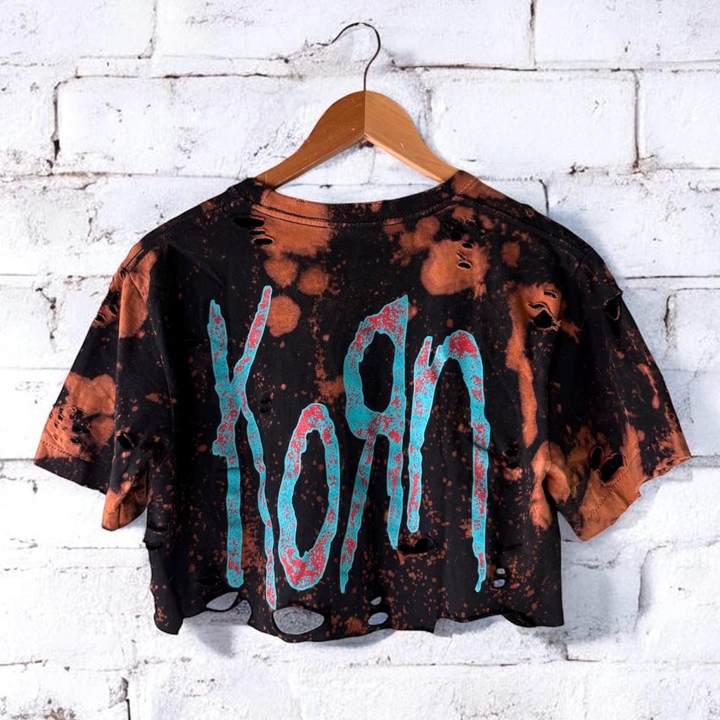 Korn Bleached Cropped Distressed Band T-Shirt